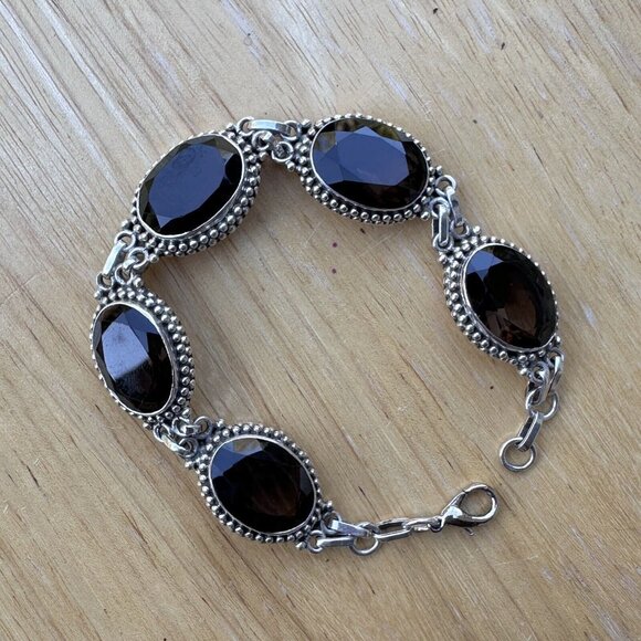 VTG Link Bracelet 6.75 Smoky Quartz Oval Shape Gems 925 Sterling Silver 32.9g - Picture 1 of 10
